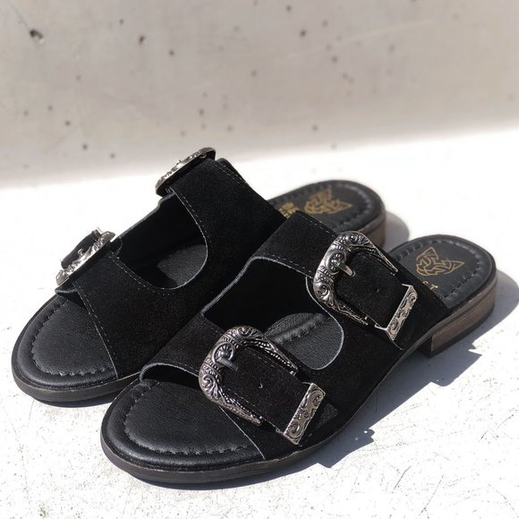 NEW Black Faux Suede Western Metal Buckled Straps Slides Slip On Sandals Shoes - Picture 2 of 12